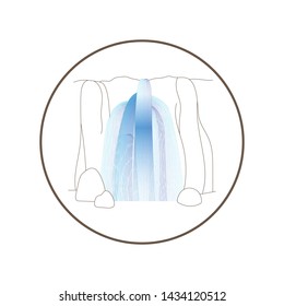 Vector illustration of waterfall cascade. Water stream falling of various shape of mountain rock. Isolated outline hand drawn object. Logo, design element. 