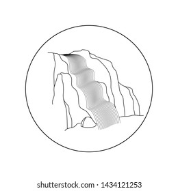 Vector illustration of waterfall cascade. Water stream falling of various shape of mountain rock. Isolated outline hand drawn object. Logo, design element. 