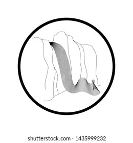 Vector illustration of waterfall cascade. Water stream falling of various shape of mountain rock. Isolated outline hand drawn object. Logo, design element. 