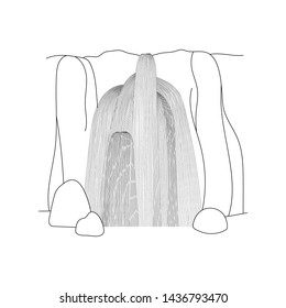 Vector illustration of waterfall cascade. Water stream falling of various shape of mountain rock. Isolated outline hand drawn object. Logo, design element. 