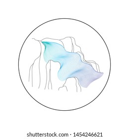 Vector illustration of waterfall cascade. Water stream falling of various shape of mountain rock. Isolated outline hand drawn object. Logo, design element. 