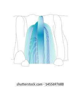 Vector illustration of waterfall cascade. Water stream falling of various shape of mountain rock. Isolated outline hand drawn object. Logo, design element. 