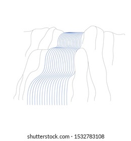 Vector illustration of waterfall cascade. Water stream falling of various shape of mountain rock. Isolated outline hand drawn object. Logo, design element. 