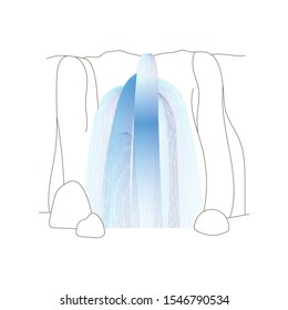 Vector illustration of waterfall cascade. Water stream falling of various shape of mountain rock. Isolated outline hand drawn object. Logo, design element. 
