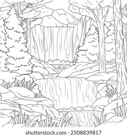 Vector illustration, waterfall in the forest, coloring book