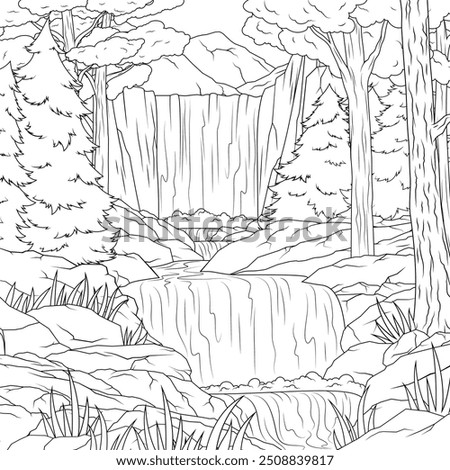 Vector illustration, waterfall in the forest, coloring book