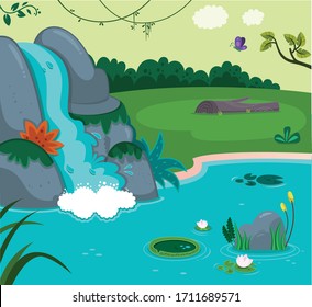 Vector illustration of waterfall in a landscape.