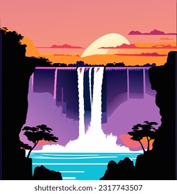 vector illustration of waterfall and mountain