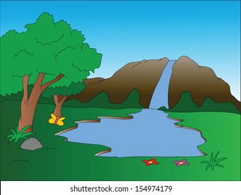 Vector illustration of waterfall scenery.