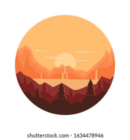 vector illustration of waterfall at the sunset, mountains and pine trees, nature landscape in circle frame. flat style