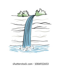 Vector illustration of waterfall. Water stream falling of mountain rock. Isolated outline hand drawn object. Logo, design element.