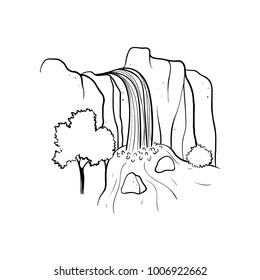 Vector illustration of waterfall. Water stream falling of mountain rock. Isolated outline hand drawn object. Logo, design element.