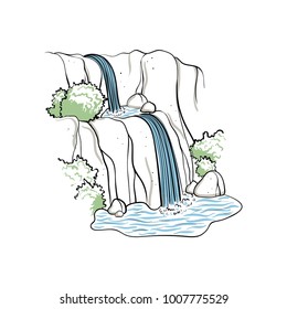 Vector illustration of waterfall. Water stream falling of mountain rock. Isolated outline hand drawn object. Logo, design element.