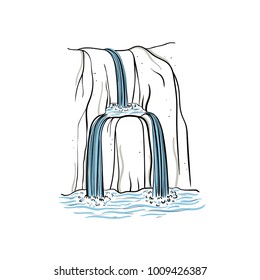 Vector illustration of waterfall. Water stream falling of mountain rock. Isolated outline hand drawn object. Logo, design element.