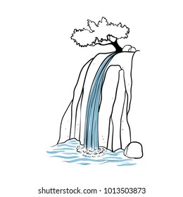Vector illustration of waterfall. Water stream falling of mountain rock. Isolated outline hand drawn object. Logo, design element.