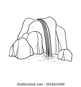 Vector illustration of waterfall. Water stream falling of mountain rock. Isolated outline hand drawn object. Logo, design element.