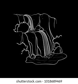 Vector illustration of waterfall. Water stream falling of mountain rock. Isolated outline hand drawn object. Logo, design element.