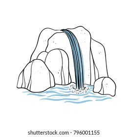 Vector illustration of waterfall. Water stream falling of mountain rock. Isolated outline hand drawn object. Logo, design element.