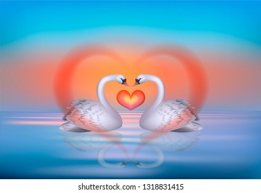 Vector illustration of waterfowl birds as a symbol of fidelity and happiness of love, heart shining red light, romantic sunset on the sea