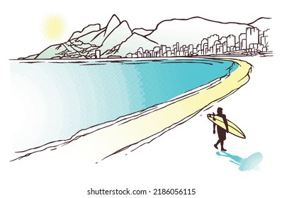 Vector illustration of waterfront landscape in Rio de Janeiro, Brazil, with surfer silhouette.