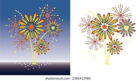 Vector illustration of waterfront in the night sky and fireworks