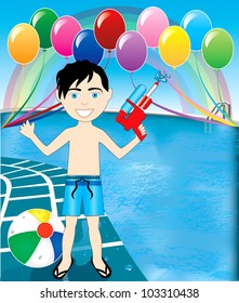 Vector Illustration Of Watergun Boy At Pool Party With Balloons And Beach Ball.