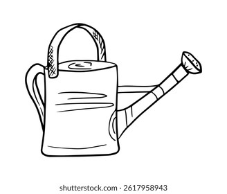 Vector illustration of a watering can, an agricultural working tool for watering a garden, gardening and caring for the environment. Doodle hand-drawn illustration.