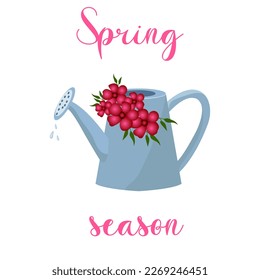 Vector illustration of a watering can with drops of water, on it lies a bouquet of beautiful pink spring flowers. All elements are isolated from each other. Ideal for design greeting cards invitations