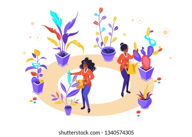 Vector illustration of  watering can and flowers on white background, gardeners taking care of the garden, growing and studying plants in nature, clean ecology, garden tools