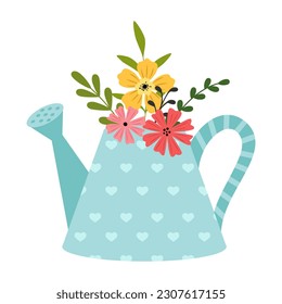 Vector illustration of watering can with flowers isolated on white background. Hand-drawn. Concept of springtime gardening, farming.