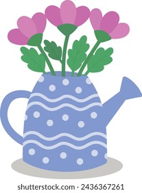 Vector illustration of a watering can in the form of a vase with spring flowers, tulips, daisies, peonies. A vivid illustration.  Cute seasonal illustration of a spring flower for gardening, clipart