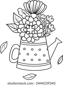 Vector illustration of a watering can in the form of a vase with flowers, tulips, daisies, peonies, hydrangeas. A black and white outline. Seasonal illustration of spring flowers for gardening,clipart