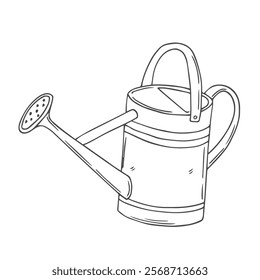 Vector illustration of watering can gardening tools and utensils isolated on a white background, garden maintenance, landscaping and hobby concept, sketch style, line art.