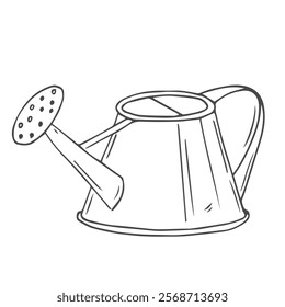 Vector illustration of watering can gardening tools and utensils isolated on a white background, garden maintenance, landscaping and hobby concept, sketch style, line art.