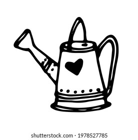 Vector illustration of a watering can. hand-drawn doodle-style garden watering can tool, with a spout and two handles on the side and top with a pattern of dots and a heart, a black line on a white