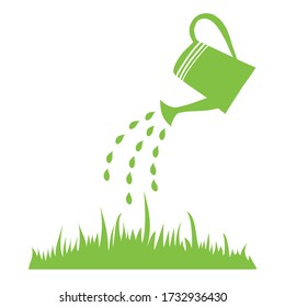 vector illustration of a watering can watering the lawn.Green garden watering can  watering plants. Drops of water falling. Isolated on white background.