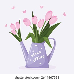 Vector illustration of a watering can with pink tulips isolated on a white background. Concept of healthy eating, spring gardening, farming. Flower arrangement. Bright arrangement of flowers in a gard