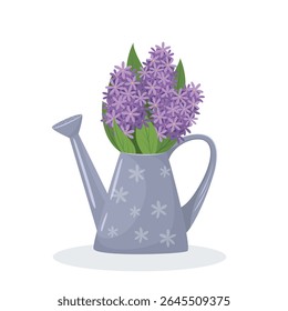 Vector illustration of a watering can with purple flowers isolated on white background. Concept of healthy eating, spring gardening, farming. Floral arrangement. Spring composition.