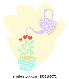 Vector illustration of a watering can that waters abstract flowers in the form of hearts. The concept is romance in relationship and Valentine s day.