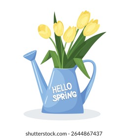 Vector illustration of watering can with yellow tulips isolated on white background. Concept of healthy eating, spring gardening, farming. Flower arrangement. 
