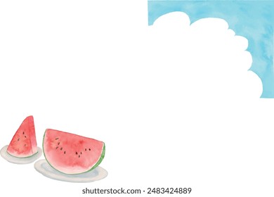 Vector illustration of watermelon and blue sky frame in analog watercolor