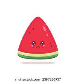 Vector illustration of a watermelon cartoon character crying, set against a white background. Depicting themes of nutrition, sickness, food, and vegetarianism."