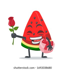 vector illustration of watermelon character or mascot give flower and holding pink gift