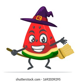 vector illustration of watermelon character or mascot wearing witch costume and ride flying broom