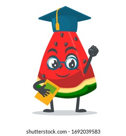 vector illustration of watermelon character or mascot graduation hat and holding book