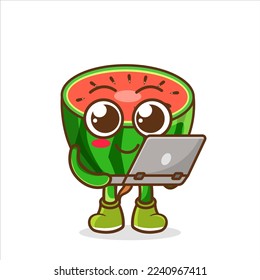 vector illustration of watermelon character or mascot presentation with laptop