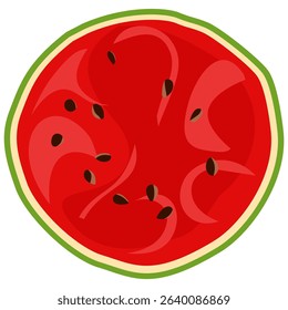 Vector illustration of a watermelon cross section viewed from the top. Shows red juicy flesh with seeds and green rind. Ideal for summer food designs, icons, and packaging.