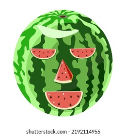 Vector illustration with watermelon fanny face in flat technique isolated on white background 