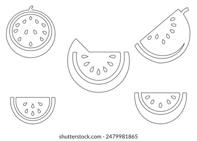 Vector illustration of a watermelon, featuring a hand-drawn collection suitable for design, presented isolated on a white background with black line sketches.
