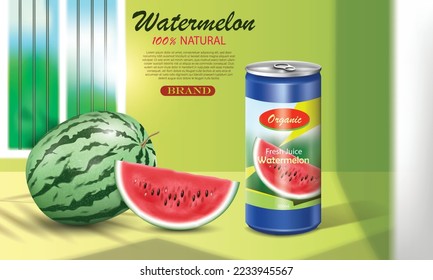 vector illustration watermelon fresh juice ad design template,with watermelon and drinks can,use for tasty watermelon fruits juice advertising.